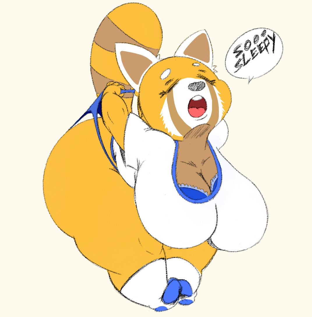 aggressive_retsuko ailurid anthro big_breasts big_butt bra breasts butt cleavage clothed clothing english_text eyes_closed female footwear huge_breasts huge_butt huge_thighs mammal markings multicolored_body neom-daddy open_mouth panties red_panda retsuko sanrio shirt socks solo speech_bubble striped_markings striped_tail stripes tail_markings text thick_thighs topwear underwear