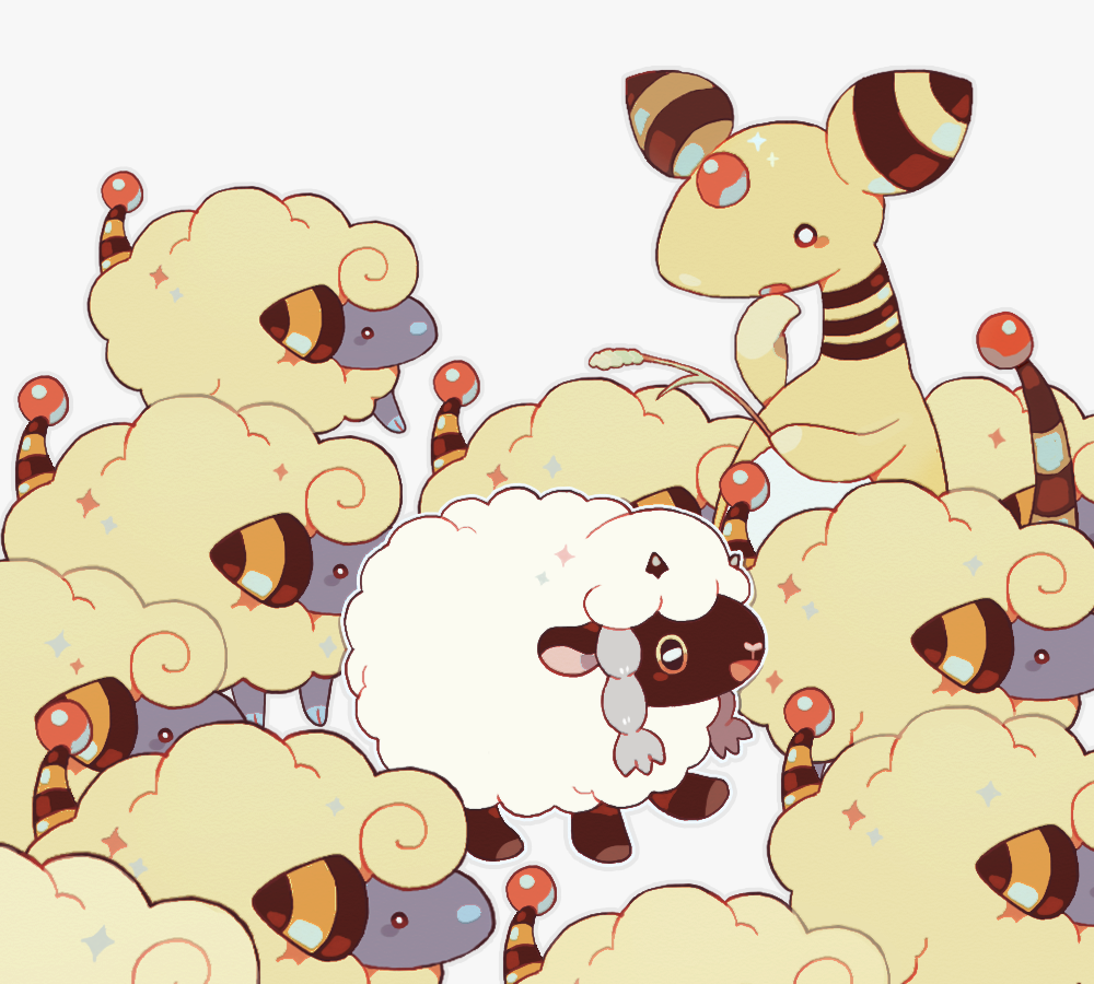 akadako ampharos animal_focus blush blush_stickers braid cattail chin_stroking colored_sclera commentary_request forehead_jewel full_body gem grey_background grey_outline hands_up happy holding horizontal_pupils light_blush mareep no_humans odd_one_out open_mouth partial_commentary plant pokemon pokemon_(creature) red_gemstone sheep simple_background smile standing twin_braids white_eyes wooloo yellow_sclera yellow_theme
