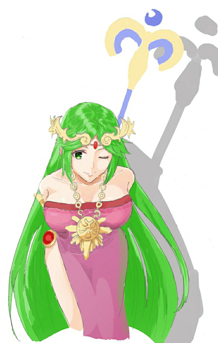 1girl alternate_color alternate_costume armlet bangs bare_shoulders breasts dress forehead_jewel goddess gold green_hair jewelry kid_icarus kid_icarus_uprising large_breasts laurel_crown long_hair neck_ring necklace palutena parted_bangs pendant pink_dress side_slit solo staff strapless strapless_dress super_smash_bros. vambraces very_long_hair