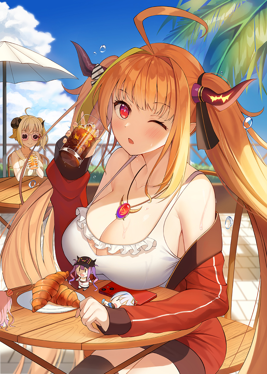 2girls ;o bare_shoulders black_ribbon blonde_hair blush bow breasts camisole character_doll cleavage croissant dragon_girl dragon_horns eyebrows_visible_through_hair food frilled_camisole hair_ribbon highres hololive horn_bow horn_ornament horns huge_breasts jacket jewelry kiryu_coco kotomaru_(sirouko9511) long_hair multicolored_hair multiple_girls necklace one_eye_closed orange_hair outdoors palm_tree red_eyes red_jacket ribbon solo_focus streaked_hair summer tree tropical tsunomaki_watame twintails virtual_youtuber white_camisole