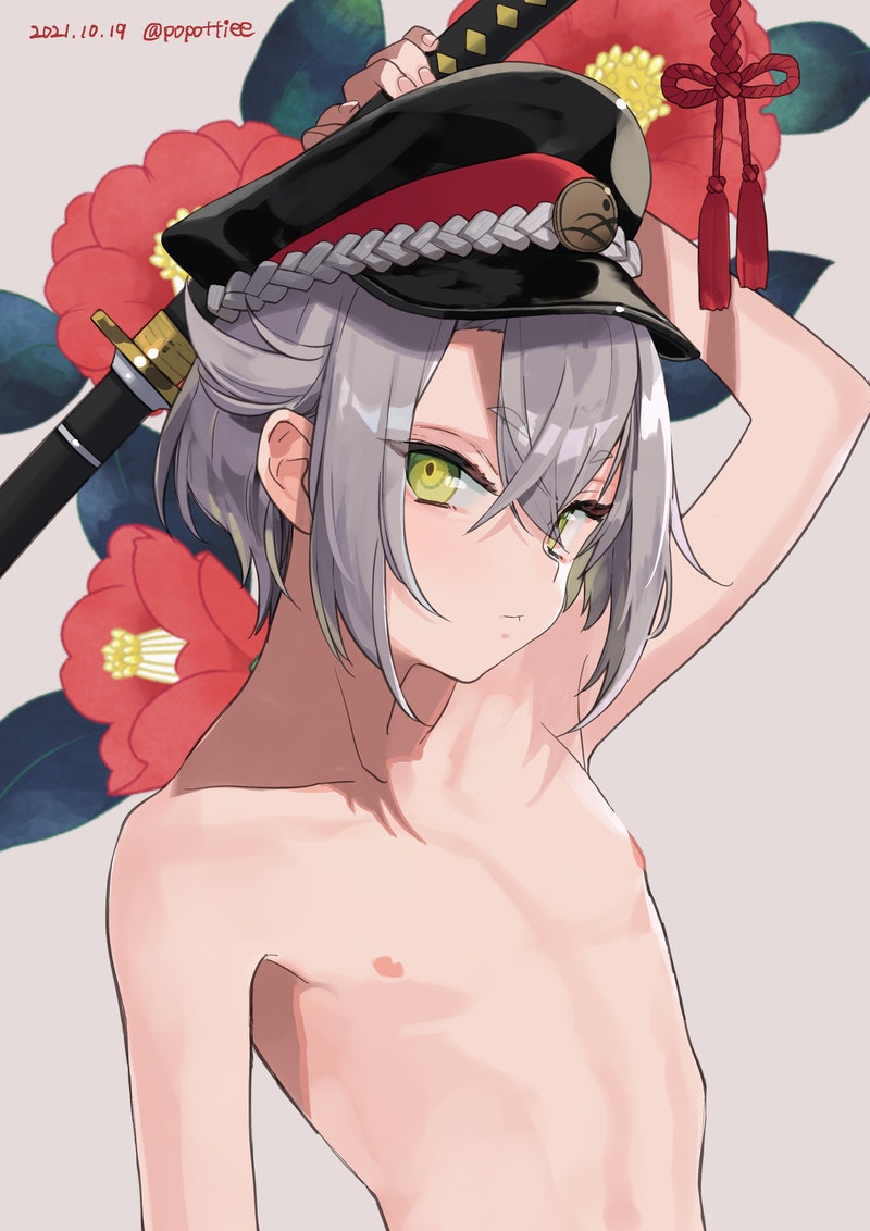 1boy androgynous arched_back arm_up bangs beige_background black_headwear closed_mouth collarbone commentary_request commission crossed_bangs dated eyebrows_visible_through_hair eyelashes flower green_eyes grey_hair hat holding holding_sword holding_weapon hotarumaru looking_at_viewer looking_to_the_side male_focus medium_hair military_hat nipples potti-p shadow sheath sheathed shiny shiny_hair short_eyebrows sidelocks skeb_commission solo sword topless touken_ranbu twitter_username weapon