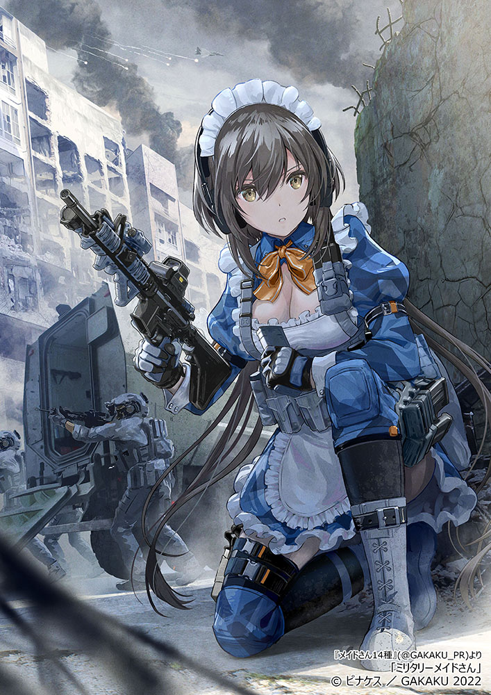 1girl aircraft airplane apron armored_vehicle assault_rifle bangs battlefield black_hair black_legwear blouse blue_blouse blue_skirt boots bow bowtie breasts building camouflage cleavage cloud cloudy_sky commentary_request extra eyebrows fighter_jet frilled_apron frilled_skirt frills gakaku_pr gloves grey_footwear ground_vehicle gun holster jet juliet_sleeves knee_pads load_bearing_vest long_hair long_sleeves maid maid_apron maid_headdress medium_breasts military military_vehicle one_knee orange_bow orange_bowtie original parted_lips puffy_sleeves reloading rifle skirt sky smoke tactical_clothes thighhighs urban_camouflage weapon wrist_cuffs yellow_eyes