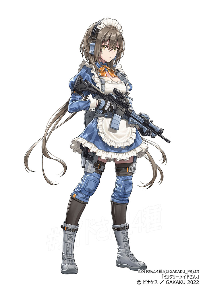 1girl apron assault_rifle bangs black_gloves black_hair black_legwear blouse blue_blouse blue_skirt boots bow bowtie breasts camouflage cleavage ear_protection frilled_apron frilled_skirt frills full_body gakaku_pr gloves grey_footwear gun hair_between_eyes hashtag holding holding_weapon holster juliet_sleeves knee_pads load_bearing_vest long_hair long_sleeves looking_at_viewer maid maid_apron maid_headdress medium_breasts military orange_bow orange_bowtie original parted_lips puffy_sleeves rifle sideways_glance skirt tactical_clothes thighhighs urban_camouflage v-shaped_eyebrows weapon white_background wrist_cuffs yellow_eyes