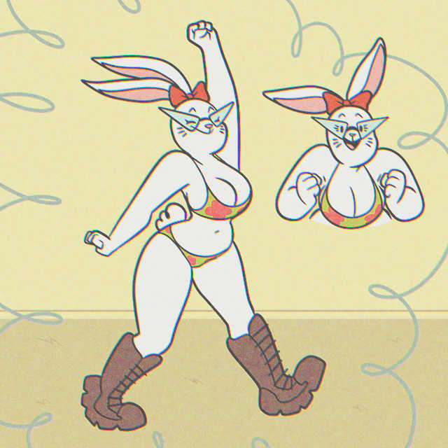 anthro athletic big_breasts boots bottomwear breast_squish breasts cartoon_network cleavage clothed clothing combat_boots cotton_tail eyewear female floral_pattern footwear fur glasses glee imaginary_friend imagination lagomorph leporid mammal navel open_mouth open_smile pink_nose powerpuff_girls powerpuff_girls'_imaginary_friend rabbit red_bowtie red_ribbon senorkah smile solo squish topwear two-piece_swimsuit whiskers white_body white_fur