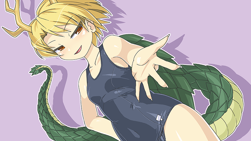 1girl antlers blonde_hair blue_swimsuit collarbone commentary_request covered_navel cowboy_shot dragon_girl dragon_horns dragon_tail dutch_angle hand_on_hip horns kicchou_yachie old_school_swimsuit one-piece_swimsuit outstretched_hand school_swimsuit short_hair swimsuit tail touhou turtle_shell winn