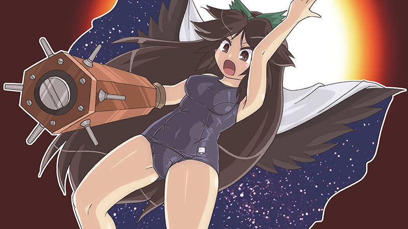 1girl arm_cannon bangs bird_wings blue_swimsuit blush bow breasts brown_eyes brown_hair brown_wings cape commentary_request control_rod feathered_wings green_bow hair_bow long_hair medium_breasts old_school_swimsuit one-piece_swimsuit open_mouth ponytail reiuji_utsuho school_swimsuit starry_sky_print sun swimsuit touhou weapon white_cape wings winn