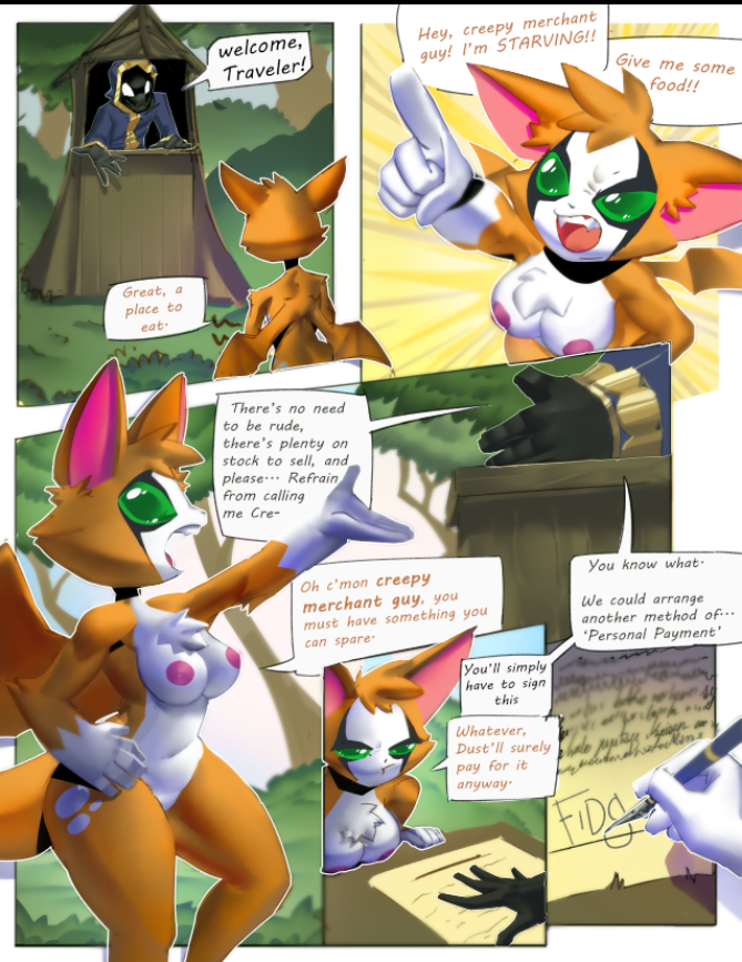 anthro bad_handwriting breast_rest breasts casual_nudity chiropteran contract deadlocked dialogue duck_lock dust:_an_elysian_tail female fidget_(elysian_tail) forest fur green_eyes male mammal moonblood nimbat nipples orange_body orange_fur plant sereth short_stack tree video_games white_body white_fur