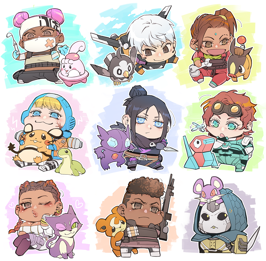 6+girls :3 android apex_legends ash_(titanfall_2) bangalore_(apex_legends) blonde_hair blue_eyes blue_headwear bodysuit braid breasts brown_eyes brown_hair character_request chibi cleavage crossover facial_mark forehead_mark g7_scout grey_hair gun hair_behind_ear happiny headband holding holding_gun holding_knife holding_weapon holding_wrench horizon_(apex_legends) jetpack knife kunai large_breasts lifeline_(apex_legends) loba_(apex_legends) mask mouth_mask multiple_girls nessie_(respawn) one_eye_closed orange_bodysuit orange_hair pink_hair pokemon pokemon_(creature) porygon puckered_lips raichu rampart_(apex_legends) rattata rifle sableye scar scar_on_cheek scar_on_face senbiki_(nonono69) short_hair side_ponytail simulacrum_(titanfall) sitting smile spacesuit starly teddiursa tepig twin_braids valkyrie_(apex_legends) wattson_(apex_legends) weapon white_headband wraith_(apex_legends) wrench