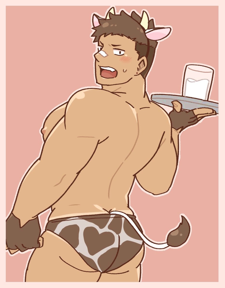 1boy animal_ears animal_print aopanda ass back bara biceps black_eyes blush brown_hair buzz_cut cow_ears cow_horns cow_print cow_tail cup diadem fang gloves horns huge_ass looking_back male_focus male_swimwear milk muscular muscular_male nipples no_pants open_mouth original pectorals plate plump short_hair solo sweat sweatdrop swim_briefs tail tan tanlines thick_arms thick_thighs thighs topless topless_male very_short_hair