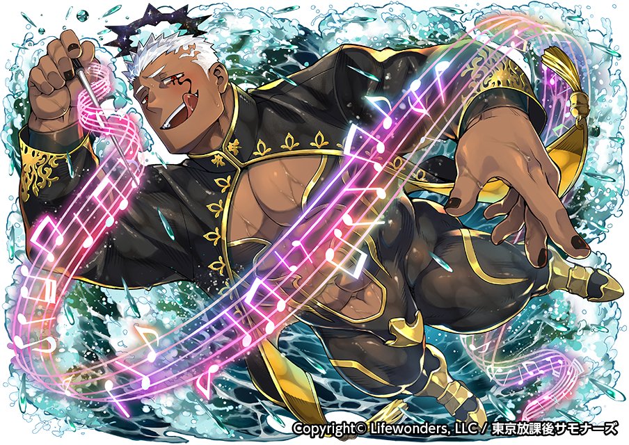 1boy abs abs_cutout angel bara baton_(conducting) black_clothes black_nails blush cleavage_cutout clothing_cutout commentary_request copyright copyright_name dark-skinned_male dark_skin facial_tattoo full_body gold gold_trim halo israfil_(housamo) large_pectorals licking_lips looking_at_viewer male_focus muscular muscular_male musical_note naop_(anything) official_art pectoral_cleavage pectorals red_eyes short_hair shrug_(clothing) sideburns solo staff_(music) tattoo thick_thighs thighs tokyo_afterschool_summoners tongue tongue_out water water_drop white_background white_hair