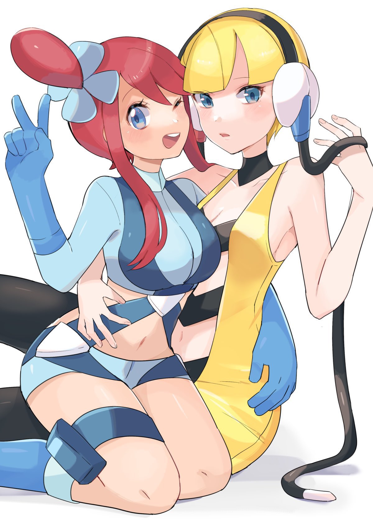 2girls ;d arm_around_waist bangs blonde_hair blue_eyes blue_footwear blue_gloves blue_jacket blue_shorts blunt_bangs boots cable cropped_jacket elesa_(pokemon) gloves hair_ornament hand_up headphones highres jacket looking_at_viewer midriff multiple_girls navel one_eye_closed one_side_up open_mouth pokemon pokemon_(game) pokemon_bw red_hair ririmon short_hair short_hair_with_long_locks short_shorts shorts sidelocks sitting skyla_(pokemon) smile symbol-only_commentary teeth thigh_pouch tongue turtleneck upper_teeth v white_background