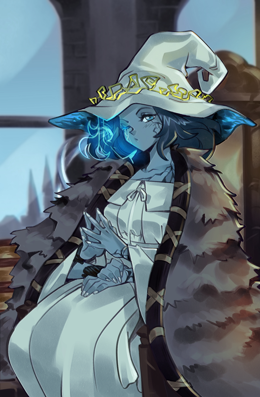 1girl blue_hair blue_skin cloak colored_skin cracked_skin elden_ring extra_arms extra_faces feet_out_of_frame fur_cloak hat highres large_hat one_eye_closed own_hands_together ranni_the_witch sitting solo white_headwear window witch_hat z0mbiraptor