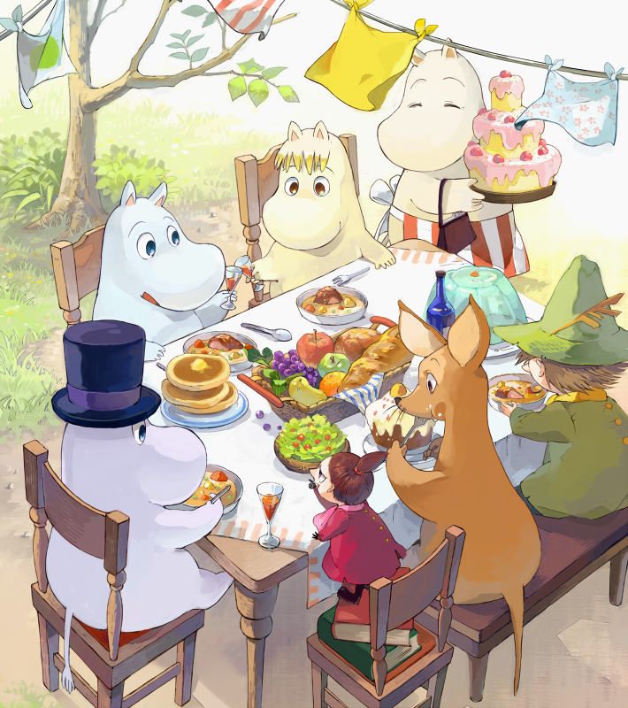 3girls 5boys apple blue_eyes bread cake closed_eyes food food_focus fork fruit grapes hat itou_hachi little_my moomin moominmamma moominpappa moomintroll multiple_boys multiple_girls pancake salad sitting sniff_(moomin) snork_maiden snufkin spoon table yellow_eyes