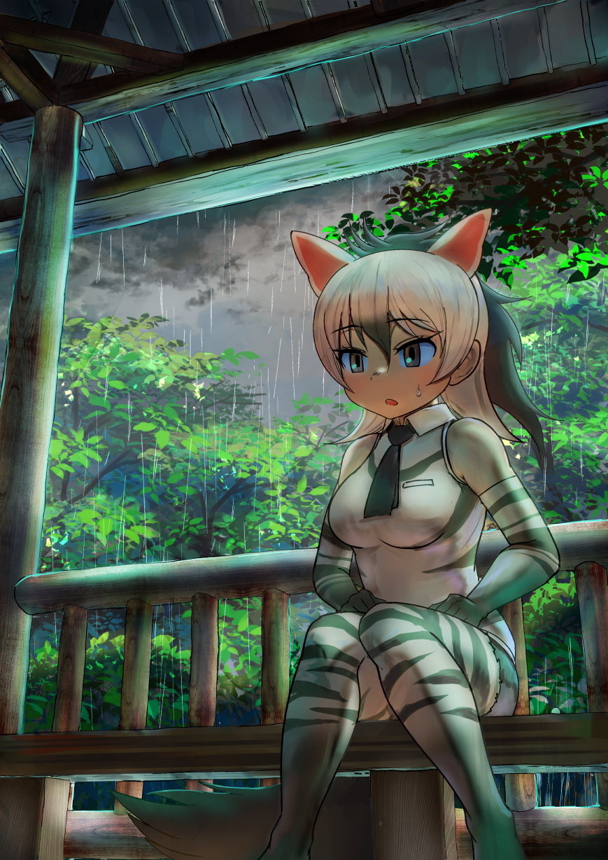 1girl aardwolf_(kemono_friends) aardwolf_ears aardwolf_girl aardwolf_print aardwolf_tail bangs bare_shoulders black_hair brown_eyes collarbone day elbow_gloves extra_ears eyebrows_visible_through_hair feet_out_of_frame fuji_takanasu gloves grey_hair hair_between_eyes highres kemono_friends knees_together_feet_apart long_hair looking_to_the_side multicolored_hair necktie outdoors pantyhose parted_lips print_gloves print_legwear print_shirt rain shirt shorts sitting sleeveless sleeveless_shirt solo water wing_collar