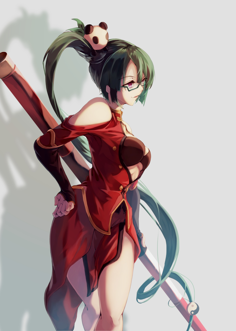 1girl bangs black_bra black_hair blazblue bra breasts china_dress chinese_clothes cleavage cleavage_cutout clothing_cutout collarbone dress glasses hair_ornament hand_on_hip invisible_chair large_breasts litchi_faye_ling long_hair online_neet panda_hair_ornament pelvic_curtain ponytail red_eyes shadow sitting sleeveless sleeveless_dress solo staff thighs underwear very_long_hair white_background