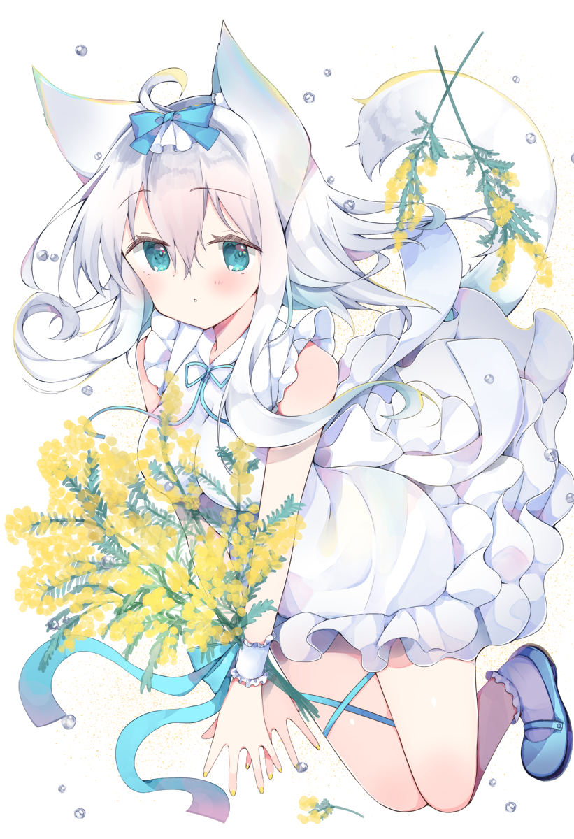 1girl :o ahoge animal_ear_fluff animal_ears bangs bare_shoulders blue_bow blue_eyes blue_footwear blush bow breasts cat_ears cat_girl cat_tail commentary_request dress eyebrows_visible_through_hair flower full_body hair_between_eyes hair_bow highres looking_at_viewer medium_breasts original parted_lips satsuki_mayuri shoes silver_hair simple_background sleeveless sleeveless_dress socks solo tail water_drop white_background white_dress white_legwear wrist_cuffs yellow_flower
