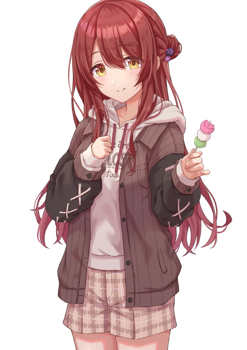 1girl :t arm_up bangs breasts closed_mouth cowboy_shot dango eating eyebrows_visible_through_hair eyes_visible_through_hair food giving hair_between_eyes hair_bun hair_ornament holding holding_food hood hoodie idolmaster idolmaster_shiny_colors jacket layered_clothing long_hair long_sleeves looking_at_viewer medium_breasts oosaki_tenka plaid plaid_shorts red_hair sanshoku_dango shorts sidelocks simoumi_217 simple_background smile wagashi white_background yellow_eyes