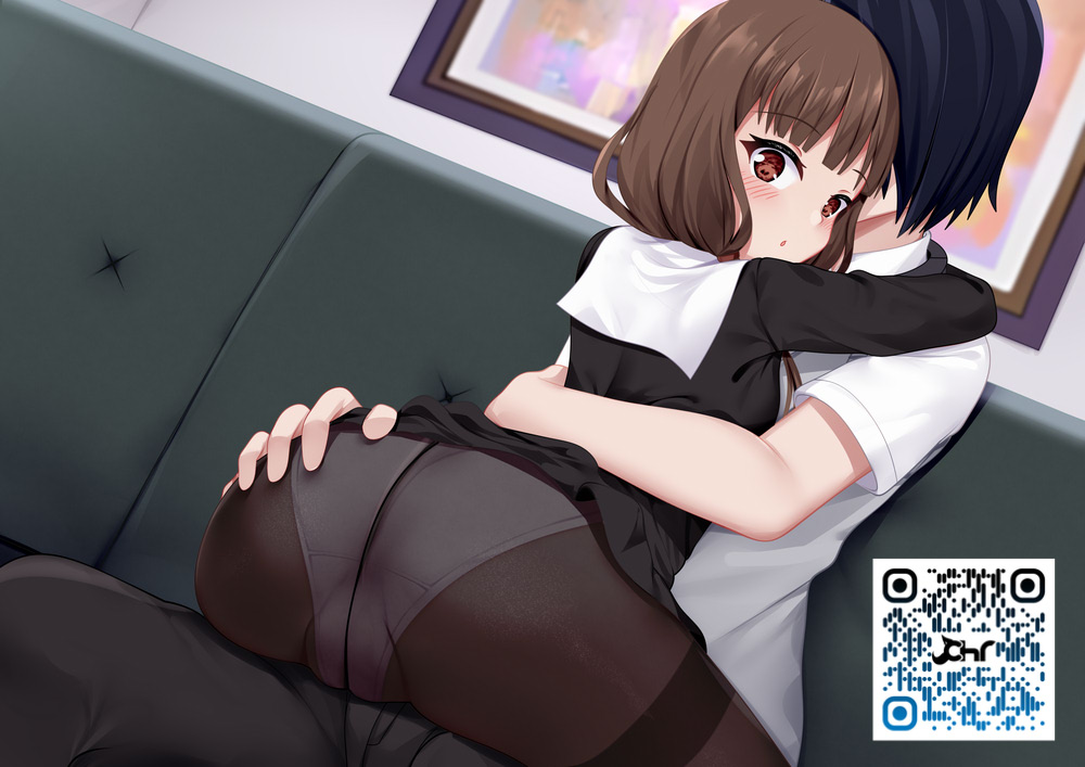 1boy 1girl :o ass bangs black_dress black_hair black_pants blush brown_eyes brown_hair brown_legwear brown_ribbon chrisandita collared_shirt commentary_request couch dress dutch_angle eyebrows_visible_through_hair hetero iino_miko ishigami_yuu kaguya-sama_wa_kokurasetai_~tensai-tachi_no_renai_zunousen~ long_hair looking_at_viewer looking_back neck_ribbon on_couch panties panties_under_pantyhose pants pantyhose parted_lips ribbon school_uniform shirt short_sleeves sitting thighband_pantyhose underwear white_shirt