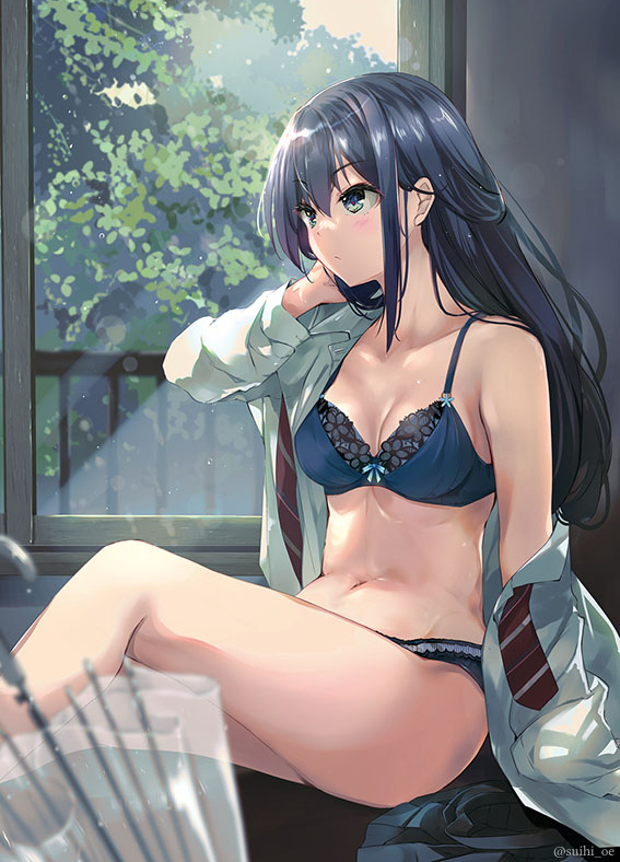 1girl bangs banned_artist bare_shoulders black_hair black_skirt blue_bra blue_eyes blue_panties blurry blurry_foreground blush bow bow_bra bra breasts cleavage closed_mouth collared_shirt commentary_request depth_of_field diagonal-striped_neckwear diagonal_stripes eyebrows_visible_through_hair feet_out_of_frame hair_between_eyes hand_up knee_up long_hair long_sleeves looking_away medium_breasts navel necktie off_shoulder open_clothes open_shirt original panties pleated_skirt shirt skirt skirt_removed solo striped suihi transparent transparent_umbrella umbrella underwear very_long_hair white_shirt window