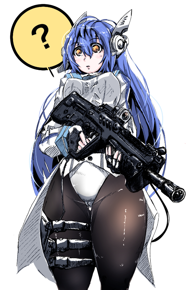 1girl ? assault_rifle black_legwear blue_hair breasts bullpup commentary_request cowboy_shot expressionless eyebrows_visible_through_hair fingerless_gloves girls'_frontline gloves gun hair_between_eyes holding holding_gun holding_weapon imi_tavor_tar-21 jamie_leano large_breasts leotard long_hair long_sleeves orange_eyes pantyhose parted_lips perky_breasts rifle robot_ears solo standing tar-21_(girls'_frontline) thought_bubble weapon white_background white_leotard