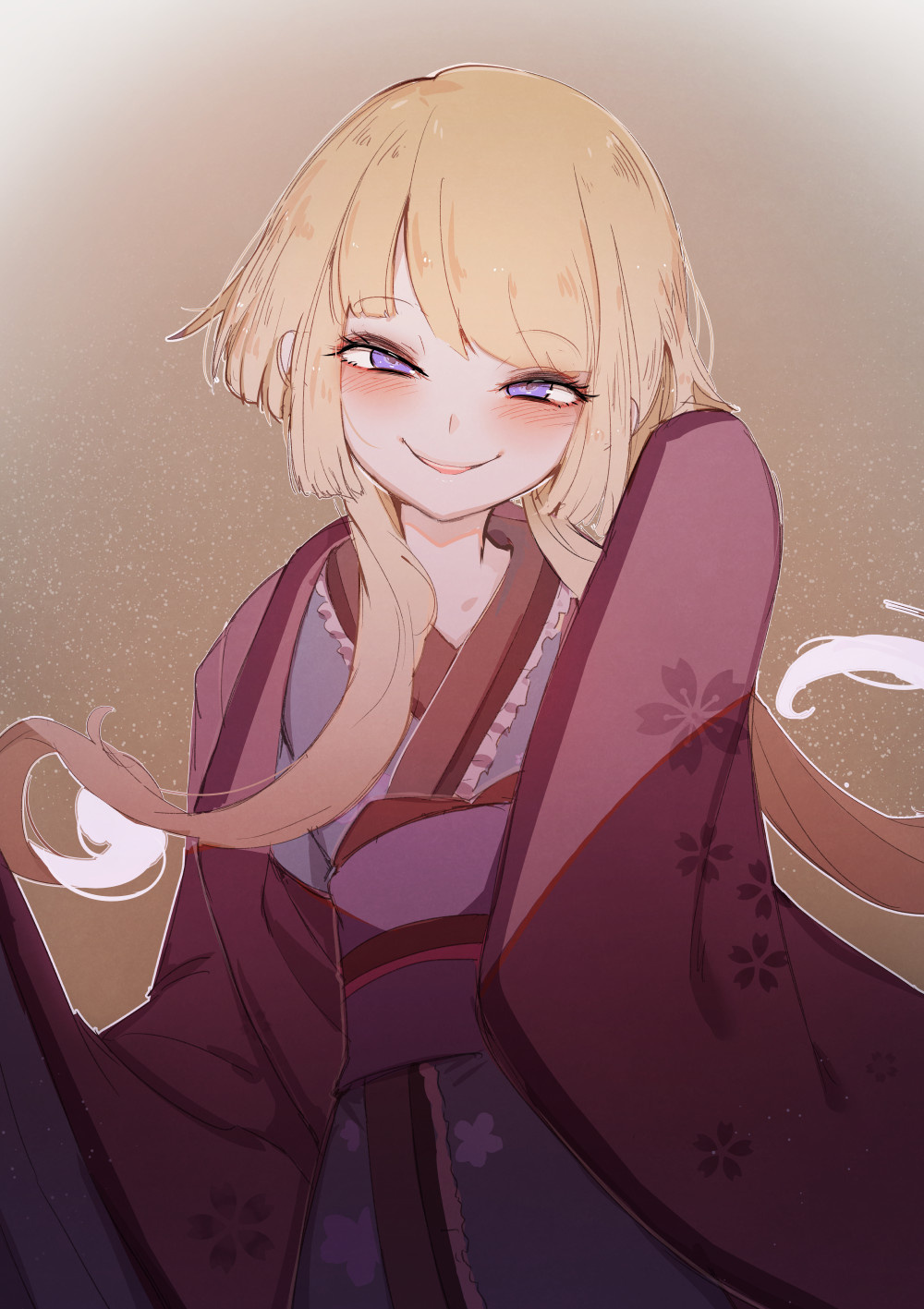 1girl at2. blonde_hair blush character_request copyright_request eyebrows_visible_through_hair highres japanese_clothes kimono long_hair looking_at_viewer low_twintails parted_lips purple_eyes smile solo twintails