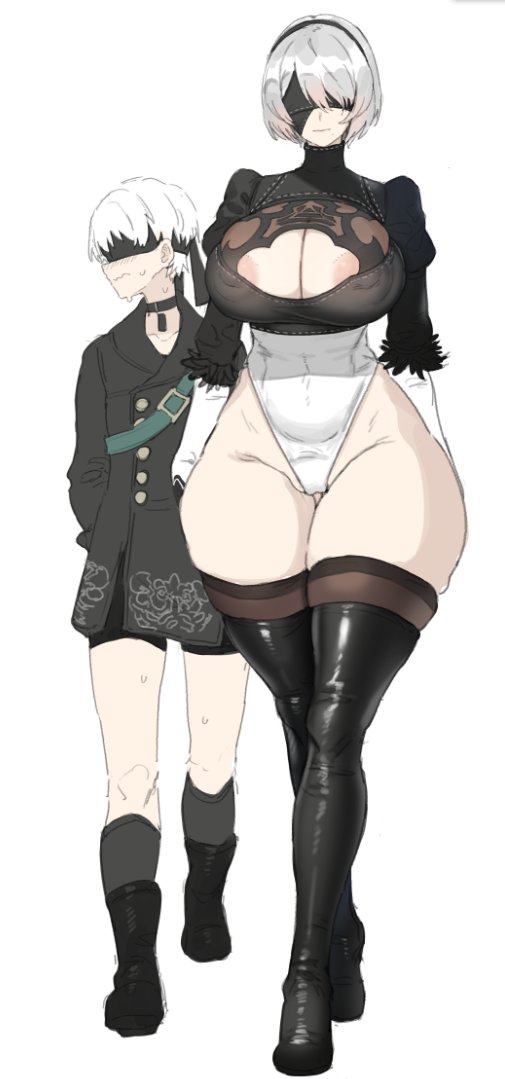 1boy 1girl areola_slip areolae black_coat black_legwear black_shorts blindfold breasts choker cleavage cleavage_cutout clothing_cutout coat curvy full_body hairband hetero highleg highleg_leotard large_areolae large_breasts leotard long_sleeves looking_away looking_to_the_side nier_(series) nier_automata no_bra puffy_long_sleeves puffy_sleeves short_hair shorts simple_background sweatdrop tall_female thick_thighs thighhighs thighs walking wavy_mouth white_background wide_hips xiangzi_box yorha_no._2_type_b yorha_no._9_type_s