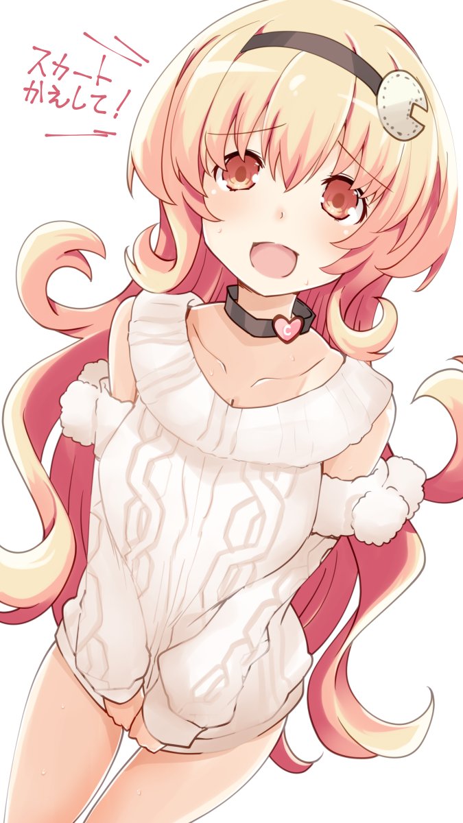 1girl blush choker compa detached_sleeves eyebrows_visible_through_hair hair_between_eyes hairband highres iwashi_dorobou_-r- long_hair looking_at_viewer neptune_(series) open_mouth pink_eyes pink_hair simple_background sweat sweater white_background