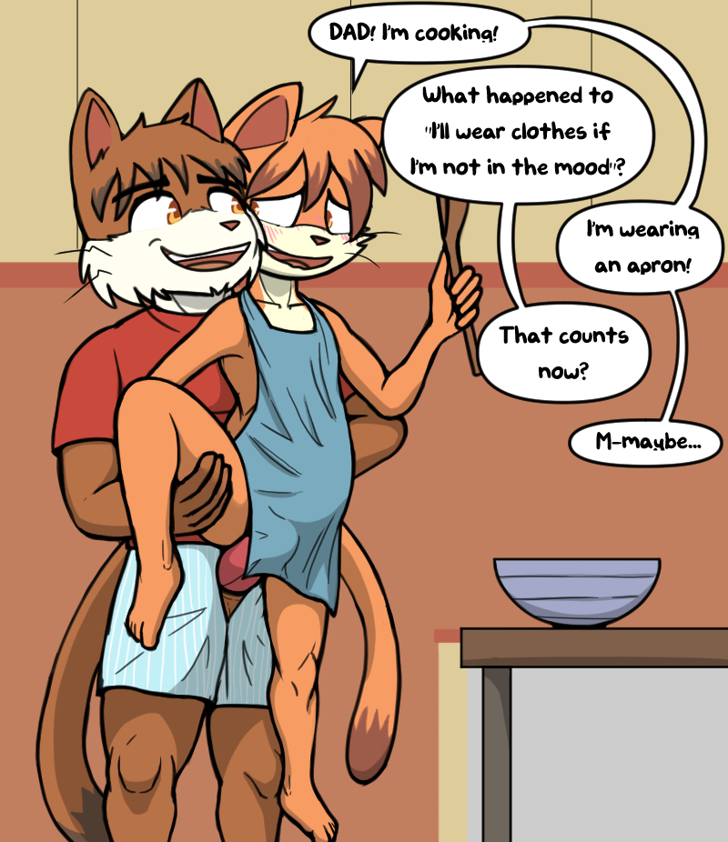 apron bittersweet_candy_bowl carrying_partner clothed clothing father father_and_child father_and_son genitals grope incest_(lore) inside kitchen male male/male parent parent_and_child paulo's_dad paulo_(bcb) penis son trashbadger webcomic