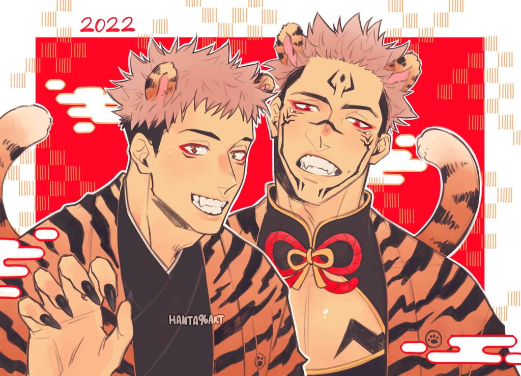 2022 2boys animal_ears animal_print artist_name black_kimono black_nails brown_eyes extra_eyes facial_mark facial_tattoo fangs fingernails grin hanta96 itadori_yuuji japanese_clothes jujutsu_kaisen kimono looking_at_viewer male_focus multiple_boys pectoral_cleavage pectorals pink_hair ryoumen_sukuna_(jujutsu_kaisen) sharp_fingernails sideburns smile tail tattoo tiger_boy tiger_ears tiger_print tiger_tail undercut