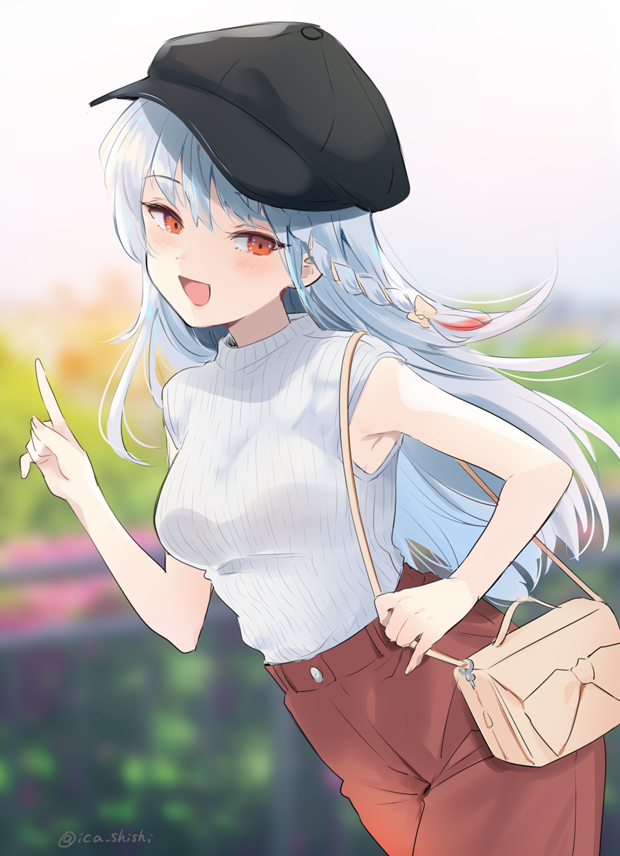 1girl bag bangs bare_arms black_headwear blue_archive blue_hair blurry blurry_background braid commentary_request cowboy_shot day eyebrows_visible_through_hair hand_up haruna_(blue_archive) hat highres ica index_finger_raised long_hair looking_at_viewer open_mouth orange_eyes outdoors pants red_pants ribbed_shirt shirt shirt_tucked_in shoulder_bag side_braid sleeveless sleeveless_shirt smile solo twitter_username white_shirt