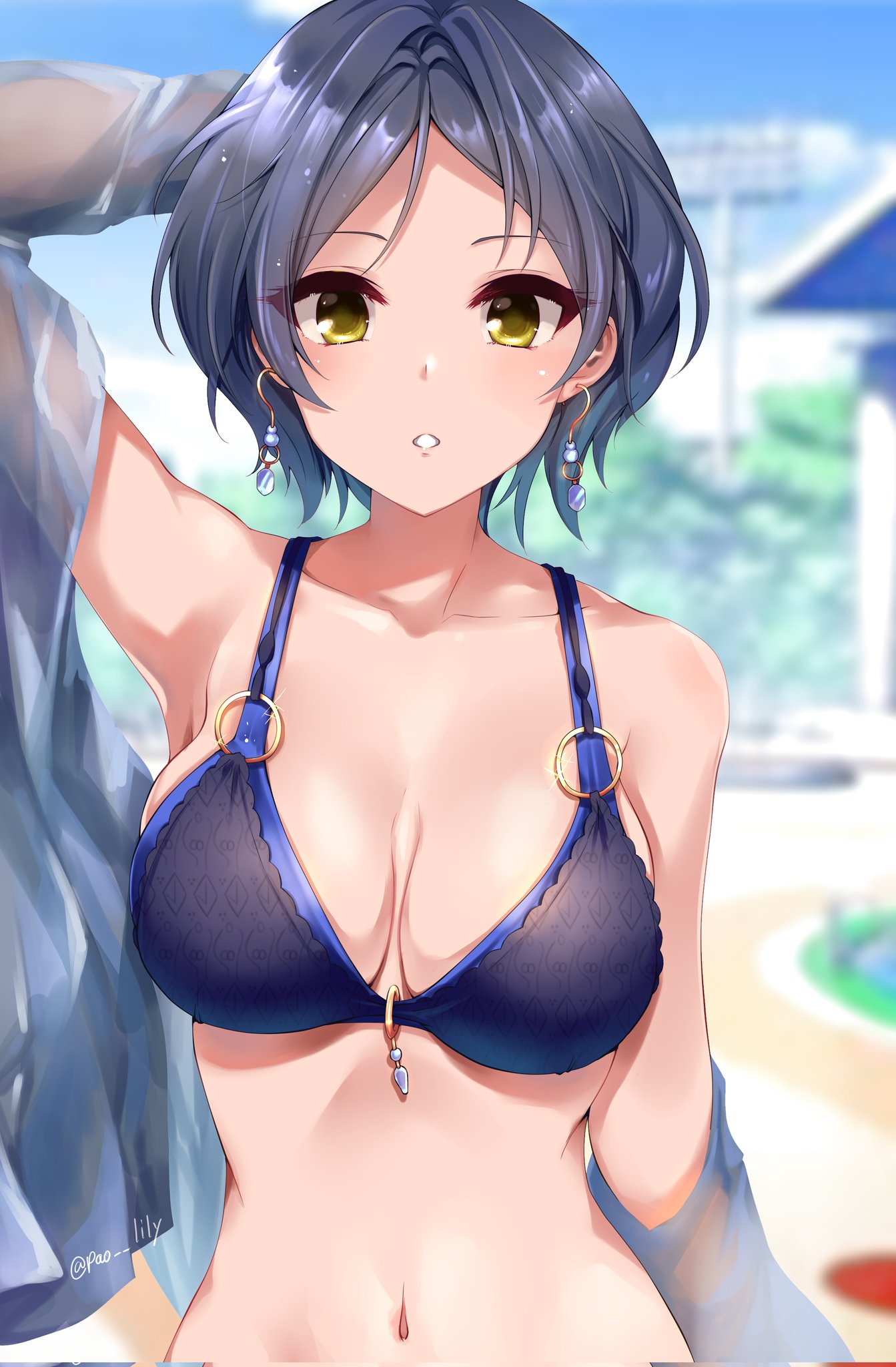 1girl :o arm_up armpits bangs bikini blue_bikini blurry blurry_background breasts cleavage collarbone dark_blue_hair depth_of_field hayami_kanade highres idolmaster idolmaster_cinderella_girls looking_at_viewer medium_breasts navel outdoors paopao parted_bangs shawl short_hair solo swimsuit upper_body wet wet_hair