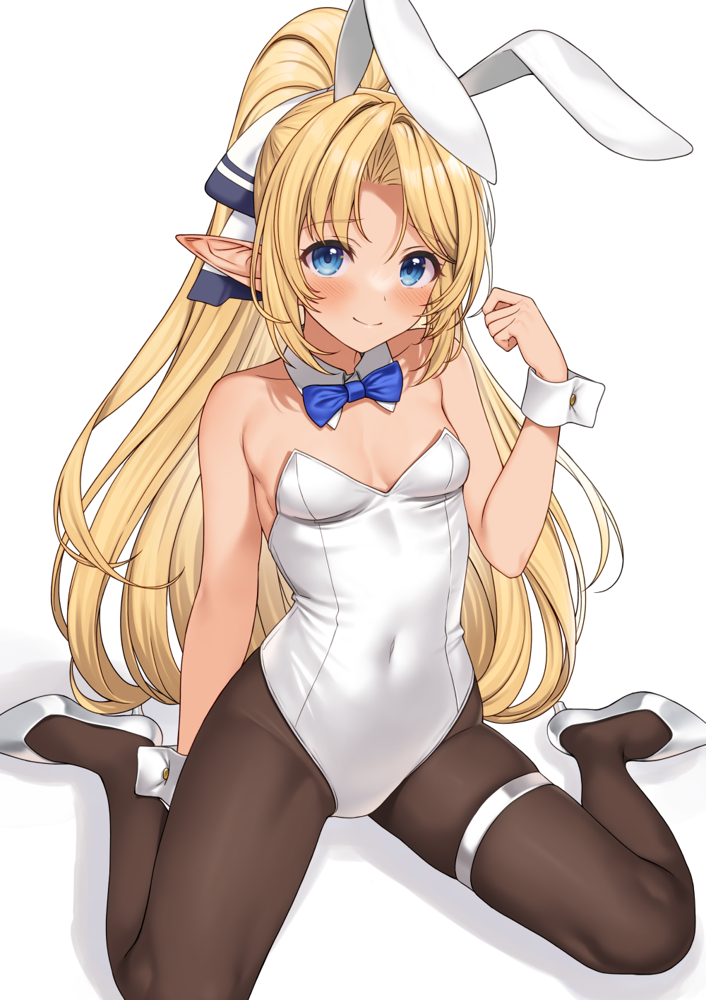 1girl animal_ears bangs bare_shoulders black_legwear blonde_hair blue_bow blue_bowtie blush bow bowtie breasts commentary_request covered_navel detached_collar egg_vibrator elf enjo_kouhai fake_animal_ears hair_ribbon high_heels highres iris_(takunomi) leotard long_hair looking_at_viewer pantyhose parted_bangs playboy_bunny pointy_ears rabbit_ears ribbon sex_toy shoes simple_background sitting small_breasts smile solo takunomi thigh_strap very_long_hair vibrator wariza white_background white_footwear white_leotard wrist_cuffs