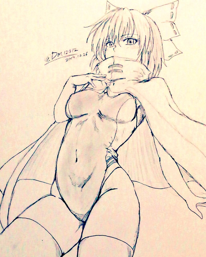 1girl alternate_costume bow breasts cape cloak commentary_request covered_mouth covered_navel d-m_(dii_emu) dated eyebrows_visible_through_hair eyelashes greyscale hair_bow looking_at_viewer medium_breasts monochrome one-piece_swimsuit open_mouth sekibanki short_hair signature sketch swimsuit thighhighs touhou traditional_media