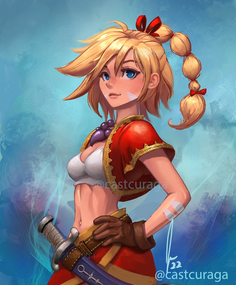 1girl bangs belt blonde_hair blue_eyes breasts brown_gloves chrono_cross closed_mouth commentary cropped_jacket dagger facial_mark gloves hand_on_hip jacket jewelry justin_paul kid_(chrono_cross) knife lips long_hair medium_breasts midriff multi-tied_hair navel necklace ponytail shiny shiny_hair simple_background skirt smile solo stomach tank_top tied_hair upper_body watermark weapon white_tank_top