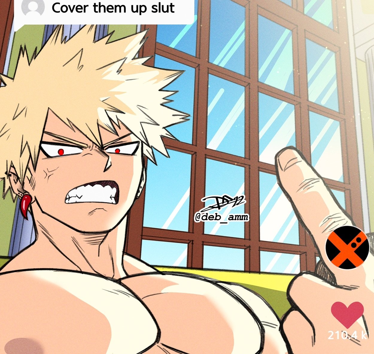 1boy anger_vein angry bakugou_katsuki bara blonde_hair boku_no_hero_academia clenched_teeth cover_them_up_slut_(meme) debby-san dialogue_box large_pectorals looking_at_viewer male_focus meme middle_finger muscular muscular_male nipples pectoral_focus pectorals red_eyes signature solo spiked_hair teeth tiktok topless_male twitter_username