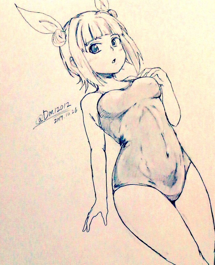 1girl alternate_costume bangs bare_legs blunt_bangs breasts commentary_request covered_navel d-m_(dii_emu) double_bun dutch_angle eyebrows_visible_through_hair eyelashes greyscale hair_ribbon joutouguu_mayumi looking_at_viewer monochrome one-piece_swimsuit open_mouth ribbon short_hair sketch small_breasts swimsuit touhou traditional_media