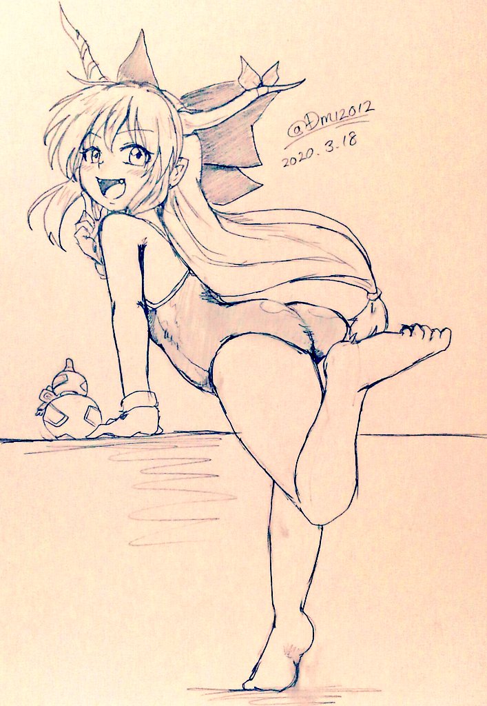 1girl alternate_costume bare_legs barefoot bow breasts commentary_request d-m_(dii_emu) eyebrows_visible_through_hair eyelashes gourd greyscale hair_bow horns ibuki_suika leg_up long_hair looking_at_viewer monochrome one-piece_swimsuit oni_horns open_mouth sketch small_breasts soles swimsuit tied_hair toes touhou traditional_media very_long_hair