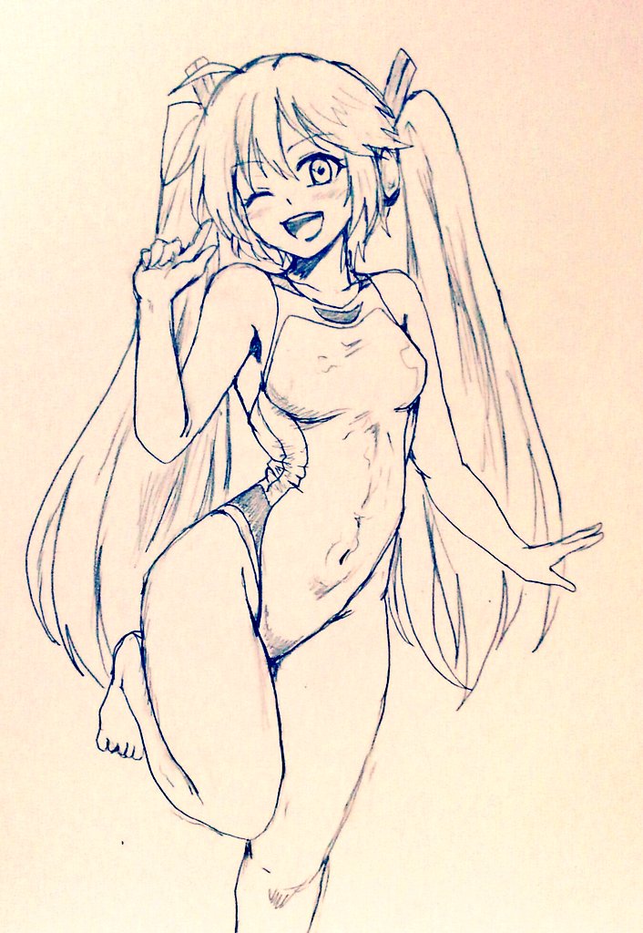 1girl alternate_costume bare_legs barefoot breasts commentary_request covered_navel d-m_(dii_emu) eyebrows_visible_through_hair eyelashes greyscale hatsune_miku headset leg_up long_hair looking_at_viewer monochrome one-piece_swimsuit one_eye_closed open_mouth sketch standing standing_on_one_leg swimsuit traditional_media twintails very_long_hair vocaloid