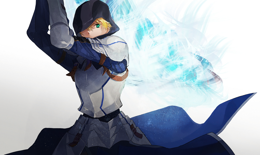 1boy ahoge armor arthur_pendragon_(fate) blonde_hair blue_eyes breastplate commentary_request excalibur_(fate/prototype) fate/grand_order fate/prototype fate/prototype:_fragments_of_blue_and_silver fate_(series) faulds gauntlets greaves green_eyes holding holding_sword holding_weapon hood light_particles looking_at_viewer male_focus one_eye_covered pauldrons sakamoto_bin short_hair shoulder_armor solo sword upper_body weapon