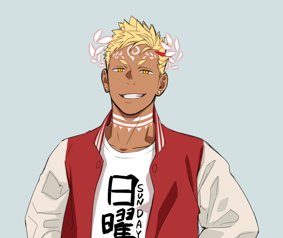 1boy apolo_(priapus) blonde_hair close-up clothes_writing collared_jacket dark-skinned_male dark_skin ear_piercing glowing_tattoo itto_(mentaiko) jacket laurel_crown looking_at_viewer male_focus open_clothes open_jacket original piercing priapus shirt short_eyebrows smile solo spiked_hair t-shirt tattoo upper_body yellow_eyes