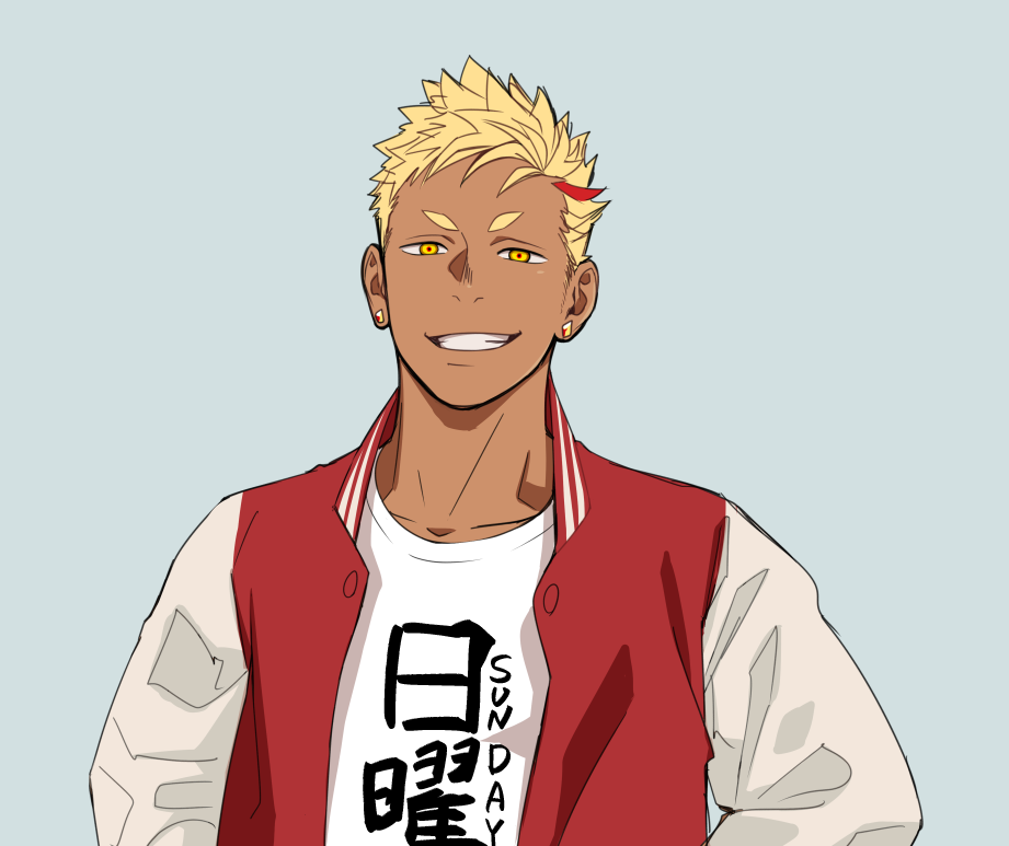 1boy apolo_(priapus) blonde_hair close-up clothes_writing collared_jacket dark-skinned_male dark_skin ear_piercing itto_(mentaiko) jacket looking_at_viewer male_focus open_clothes open_jacket original piercing priapus shirt short_eyebrows smile solo spiked_hair t-shirt upper_body yellow_eyes