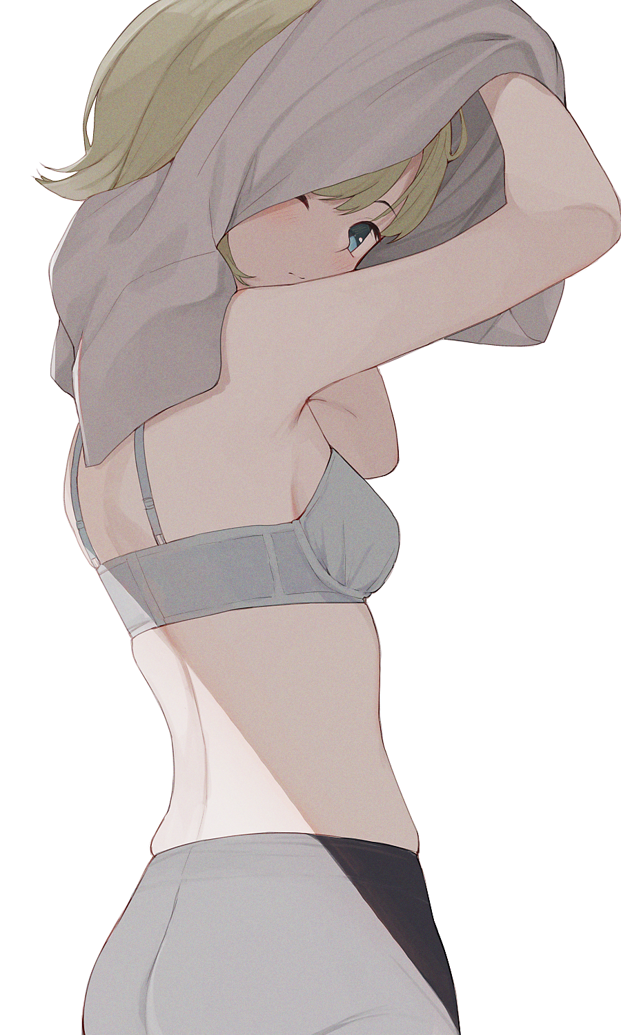 1girl blonde_hair blue_bra blue_eyes bra breasts closed_mouth from_behind highres hiroki_(yyqw7151) looking_at_viewer medium_breasts one_eye_closed original short_hair simple_background solo underwear undressing white_background