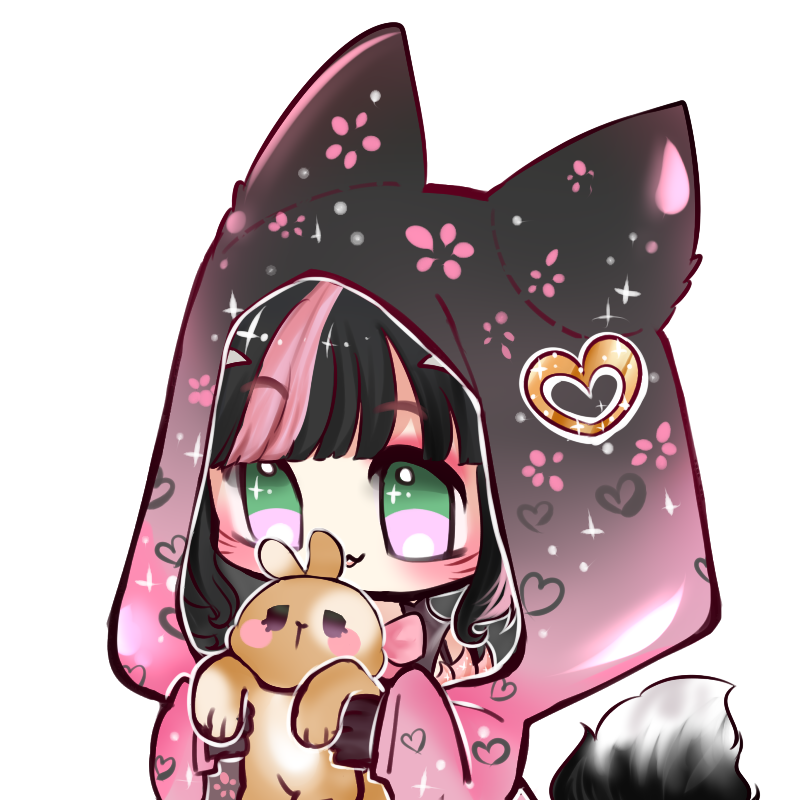 1girl :3 :d animal_ears asaki_amber bangs black_hair blunt_bangs bunny chibi dollihime english_commentary eyebrows_visible_through_hair fox_ears fox_girl fox_tail green_eyes heart holding hood hood_up hoodie indie_virtual_youtuber long_sleeves looking_at_another multicolored_eyes multicolored_hair open_mouth parted_lips pink_eyes pink_hair pink_hoodie pink_sleeves simple_background sleeves_past_wrists smile solo sparkle sparkling_eyes tail third-party_source two-tone_hair upper_body virtual_youtuber whiskers