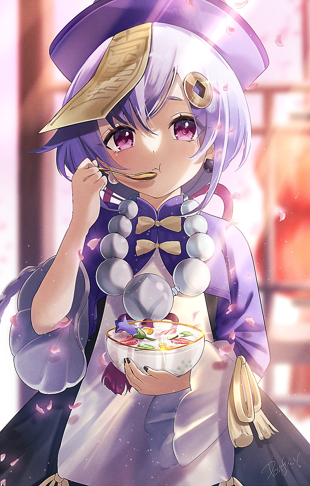 1girl bangs bead_necklace beads black_nails bowl chinese_clothes coin_hair_ornament commentary_request eating food genshin_impact hat highres jewelry jiangshi necklace ofuda ponfu_y pout purple_eyes purple_hair purple_headwear qing_guanmao qiqi_(genshin_impact) solo talisman tassel wide_sleeves