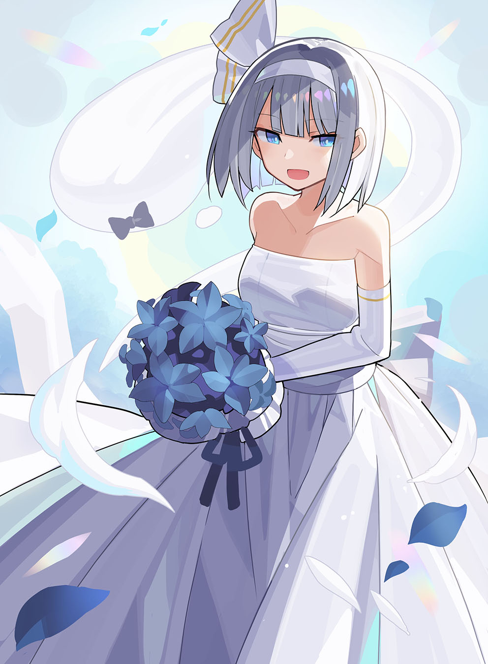 1girl alternate_costume back_bow bangs bare_shoulders black_bow black_bowtie blue_eyes blue_flower blue_sky bouquet bow bowtie breasts cloud cloudy_sky collarbone commentary_request dress duplicate elbow_gloves eyebrows_visible_through_hair eyelashes eyes_visible_through_hair falken_(yutozin) flower ghost gloves grey_gloves grey_hair grey_hairband grey_ribbon hairband hands_up highres hitodama konpaku_youmu konpaku_youmu_(ghost) looking_to_the_side medium_breasts open_mouth petals pixel-perfect_duplicate ribbon short_hair sky sleeveless sleeveless_dress smile solo standing touhou wedding_dress white_bow white_dress