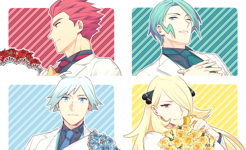 1girl 3boys alternate_costume bangs blonde_hair blue_eyes blue_flower blue_necktie bouquet closed_mouth collared_shirt commentary_request cynthia_(pokemon) eyelashes flower green_hair green_necktie grey_eyes hair_ornament hair_over_one_eye jacket lance_(pokemon) long_hair looking_at_viewer multiple_boys necktie one_eye_closed pokemon pokemon_(game) pokemon_dppt pokemon_hgss pokemon_oras red_flower red_hair red_necktie shirt short_hair smile spiked_hair steven_stone wallace_(pokemon) white_jacket y_(036_yng) yellow_flower