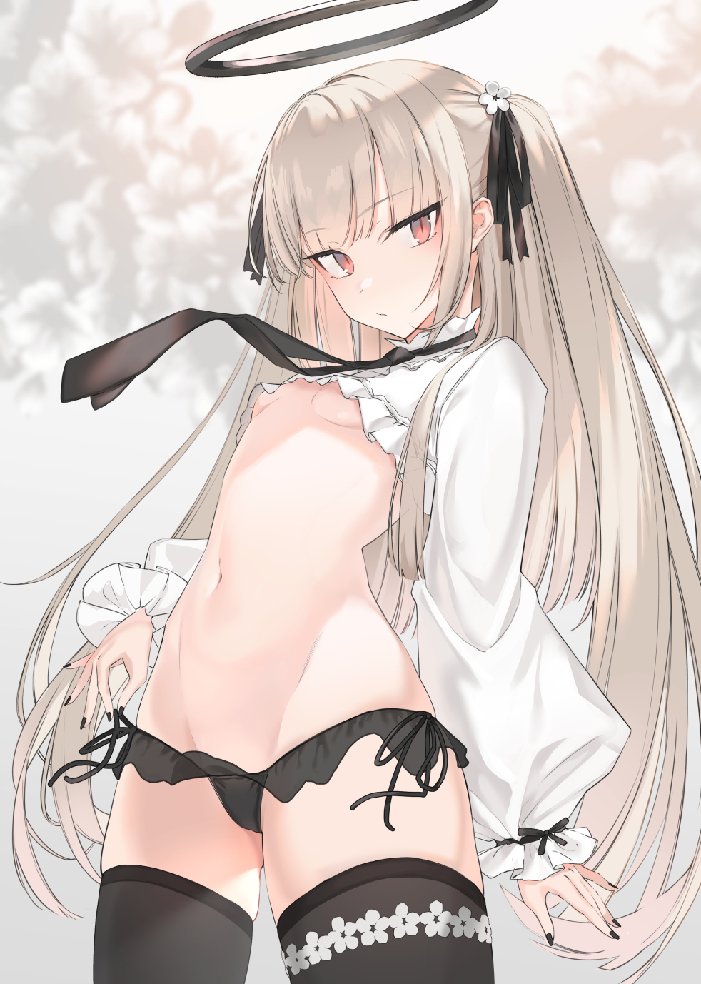 1girl bangs black_legwear black_nails black_necktie black_panties black_ribbon breasts closed_mouth commentary cowboy_shot crop_top dark_halo duplicate eyebrows_visible_through_hair flower groin hair_flower hair_ornament hair_ribbon halo highres koga_taiga long_hair long_sleeves looking_at_viewer nail_polish navel necktie no_bra original panties pixel-perfect_duplicate puffy_long_sleeves puffy_sleeves red_eyes ribbon shirt side-tie_panties skindentation slit_pupils small_breasts solo standing stomach symbol-only_commentary thighhighs two_side_up underboob underwear very_long_hair white_hair white_shirt