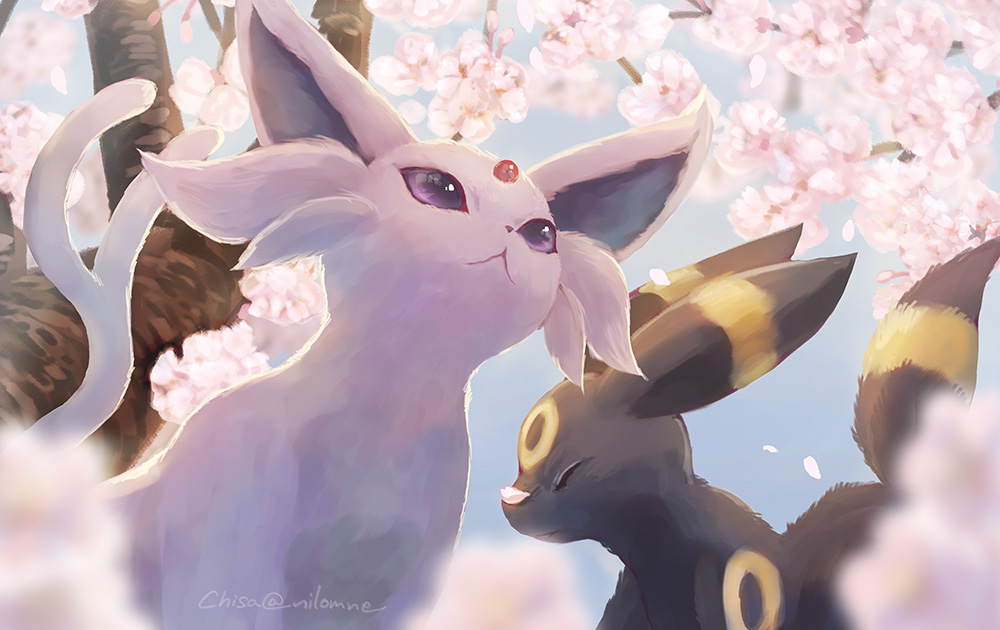 :&lt; blurry closed_eyes closed_mouth commentary_request day espeon falling_petals flower fluffy from_below momomo12 no_humans outdoors petals pink_flower pokemon pokemon_(creature) purple_eyes tree umbreon