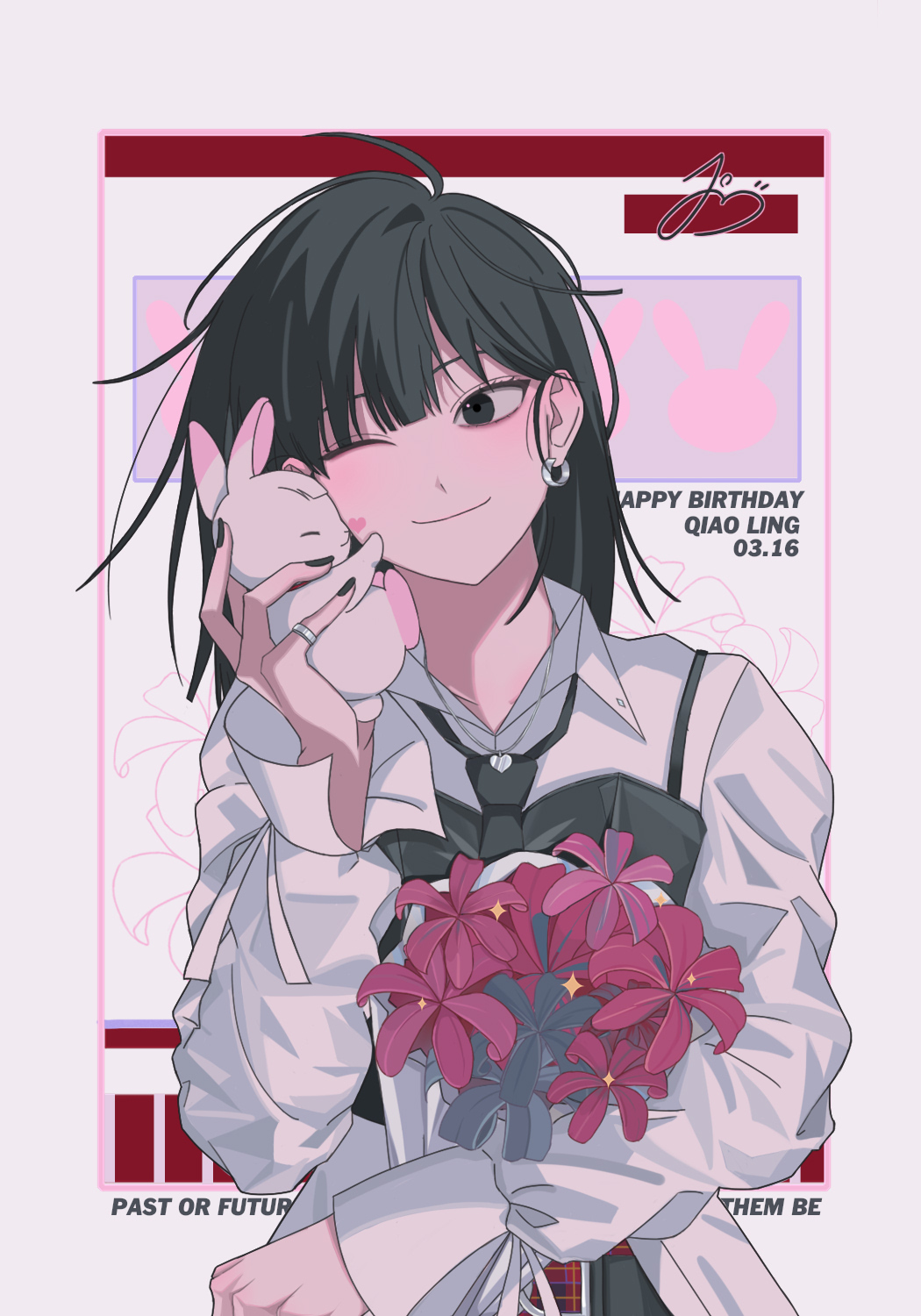 1girl animal bangs black_eyes black_hair black_nails black_necktie bouquet bunny chinese_commentary closed_mouth collared_shirt commentary_request earrings english_text flower happy_birthday heart heart_necklace highres holding holding_animal holding_bouquet inplick_(style) jewelry koyomi030 long_sleeves medium_hair necklace necktie official_style one_eye_closed pink_background pink_flower qiao_ling ring shiguang_dailiren shirt simple_background smile solo sparkle white_shirt