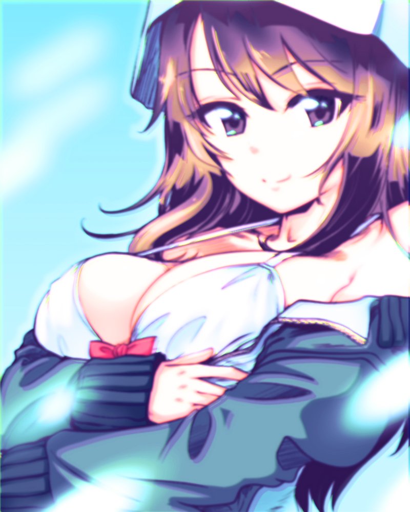 1girl bangs blue_headwear blue_jacket blurry bow bow_bra bra breasts brown_eyes brown_hair chromatic_aberration cleavage closed_mouth commentary_request crossed_arms eyebrows_visible_through_hair girls_und_panzer hat jacket jacket_pull keizoku_military_uniform long_hair long_sleeves looking_at_viewer medium_breasts mika_(girls_und_panzer) military military_uniform off_shoulder open_clothes open_jacket raglan_sleeves smile solo track_jacket tulip_hat underwear uniform white_bra yoyokkun